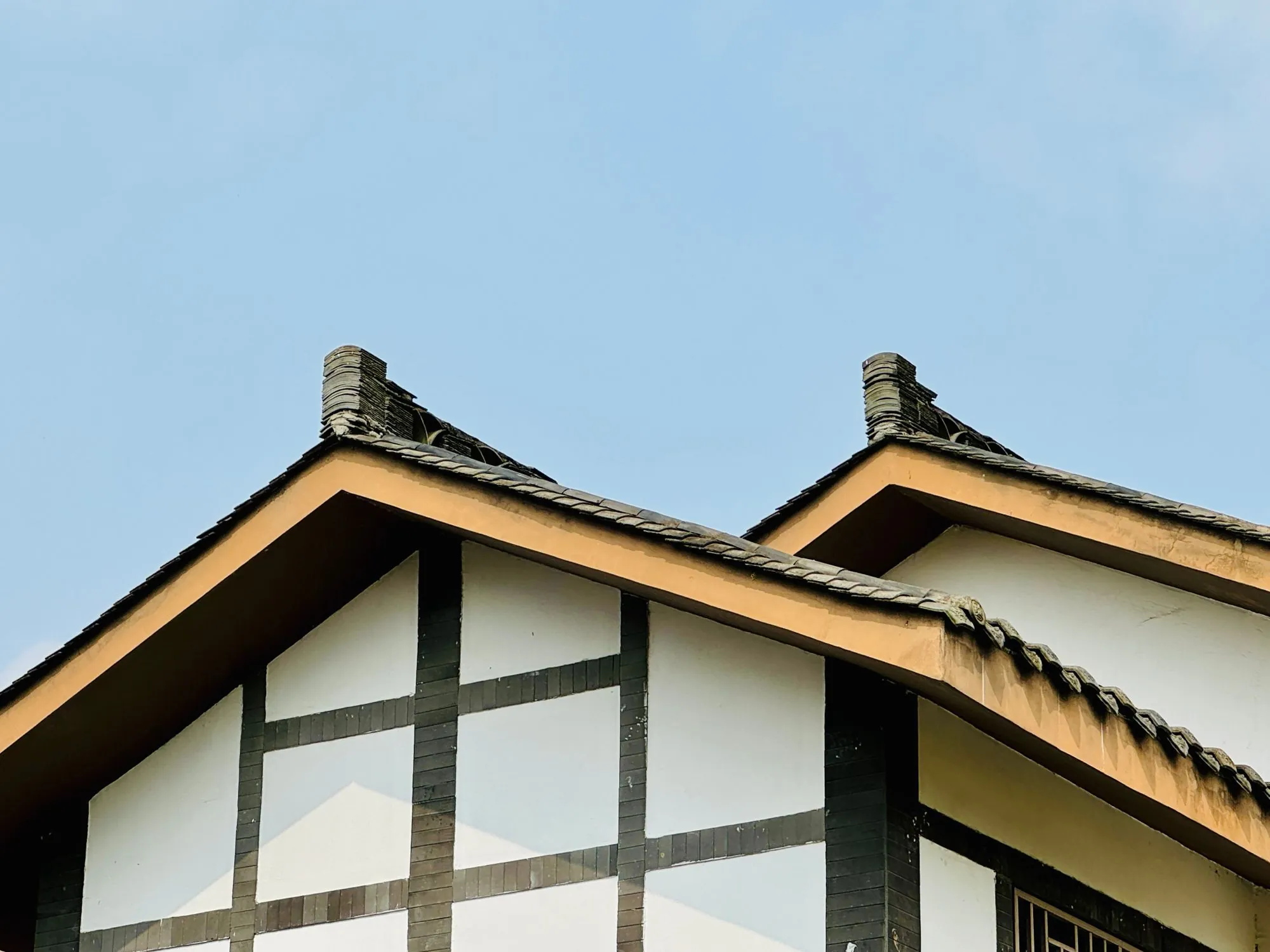 Two neighbouring gable ends with deep overhanging eaves