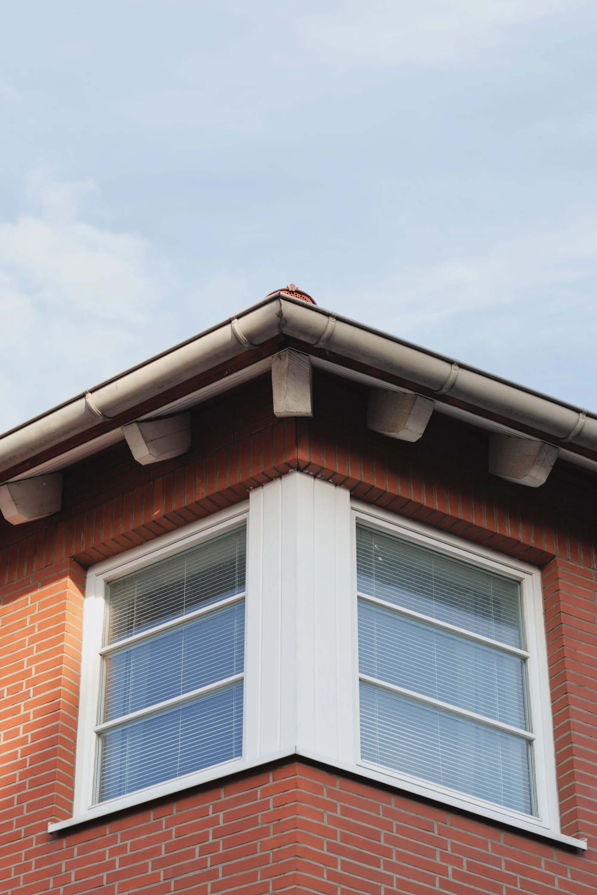 A roof edge with the gutter, fascia and vented soffit in view